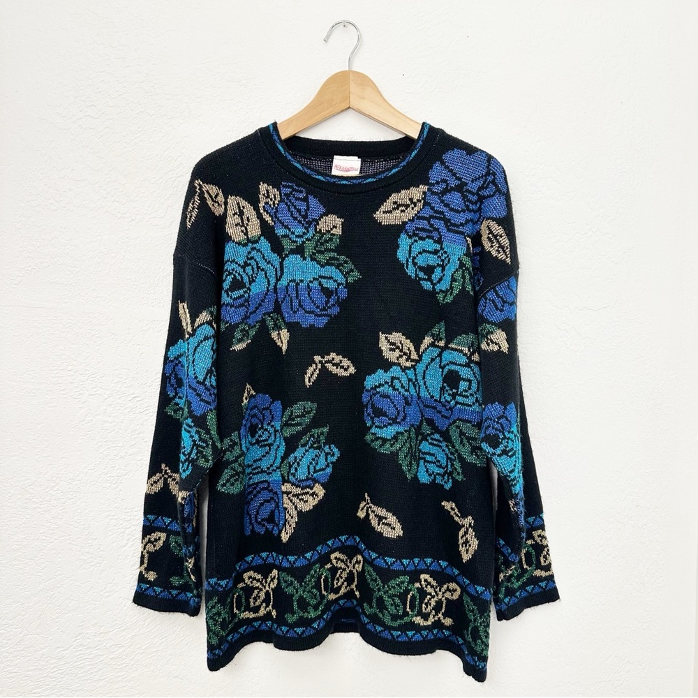 Vintage 80s Black & Blue Floral Metallic Sweater